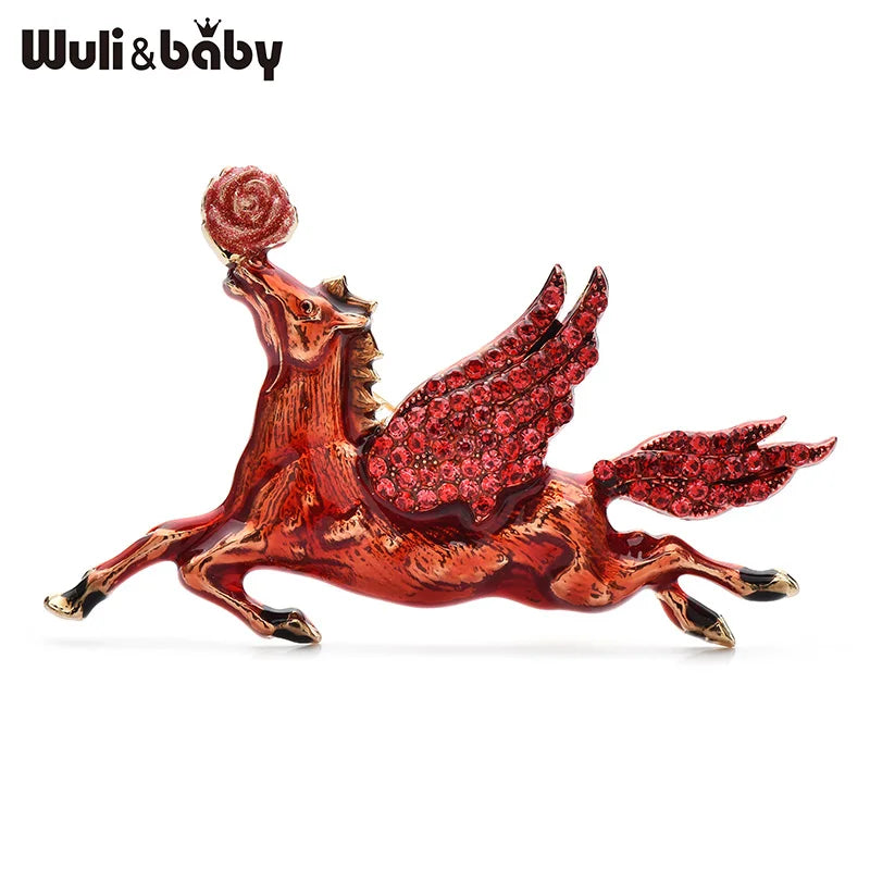 Wuli&baby Taking Rose-flower Horse Brooches 4-color Enamel Fly Running Horse Animal Brooch For Women's Clothes Pins Gifts