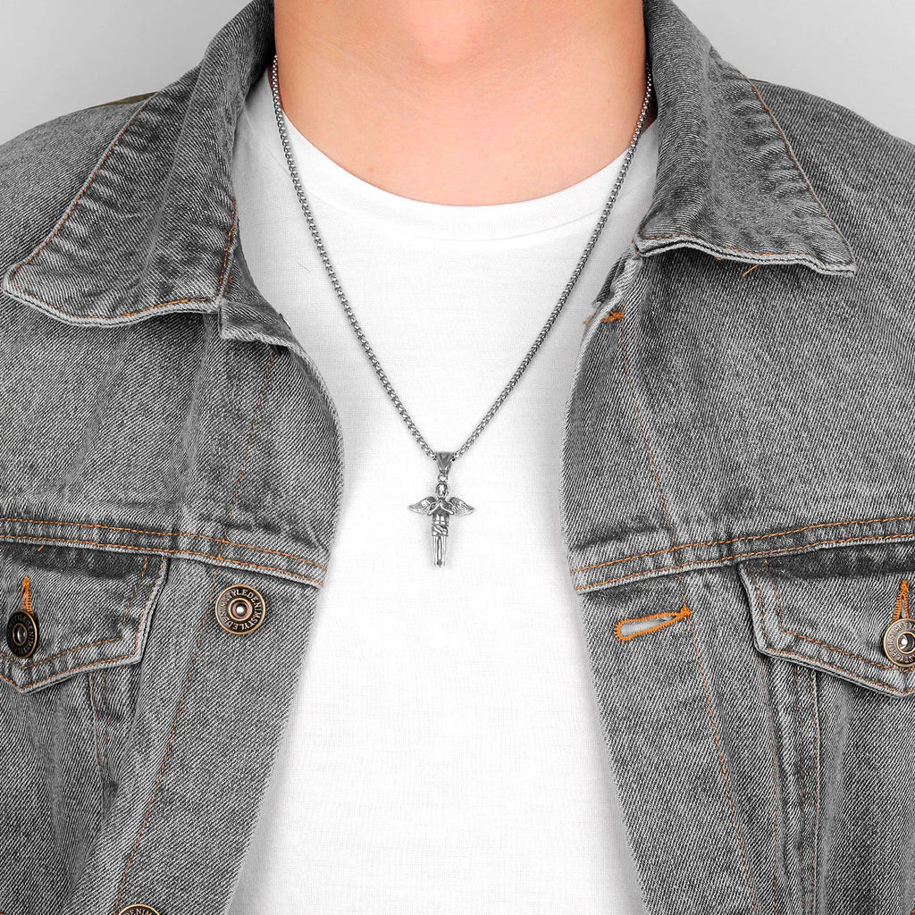Angel Prayer Child Stainless Steel Men Necklaces Pendants Chain Religion for Boyfriend Male Jewelry Creativity Gift Wholesale