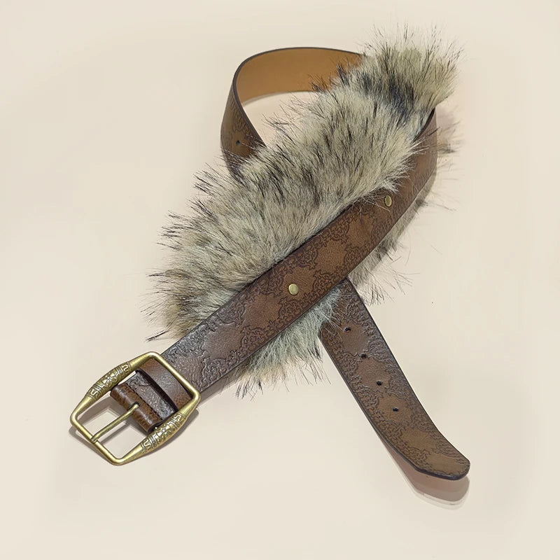 Retro Punk Style Furry Belt For Women Niche Y2k leopard print Belt For Skirts And Jeans American Western Cowboy Waistband