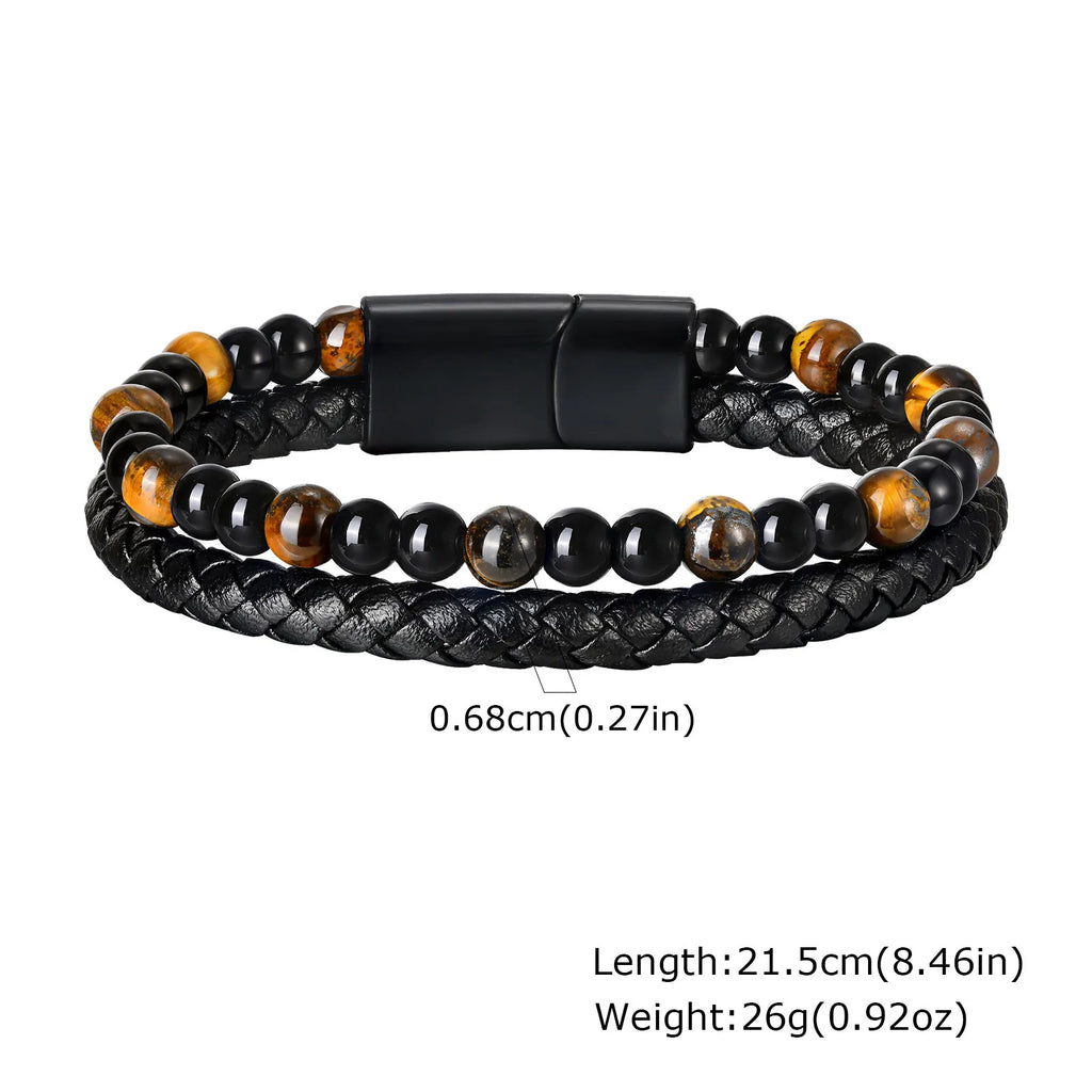 Stylish Leather Bracelet for Men Boys,Double Layers Natural Stone Tiger Eye Black Beaded Bracelet,Gift to Father Husband BBF