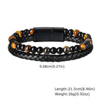 Stylish Leather Bracelet for Men Boys,Double Layers Natural Stone Tiger Eye Black Beaded Bracelet,Gift to Father Husband BBF