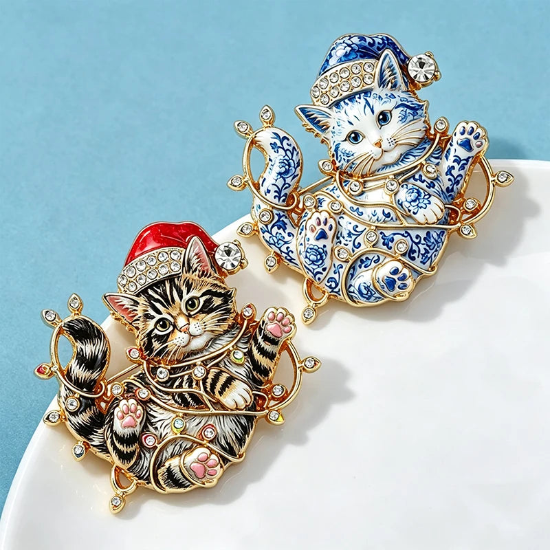 PENDRA Lights Rhinestone Christmas Cat Brooch