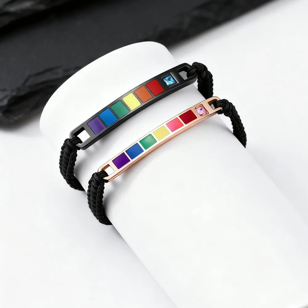 Rainbow Pride Bracelets for Gay Lesbian,Waterproof Rainbow Flag Stainless Steel Long Bar Leather Wristband,LGBTQ Pride Month