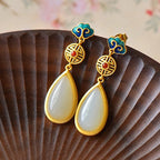 VENTFILLE Hetian Jade Ear Hook Earring Women's High-end Temperament Ethnic Style Retro Earrings Cloisonne Craft Dangler Gift