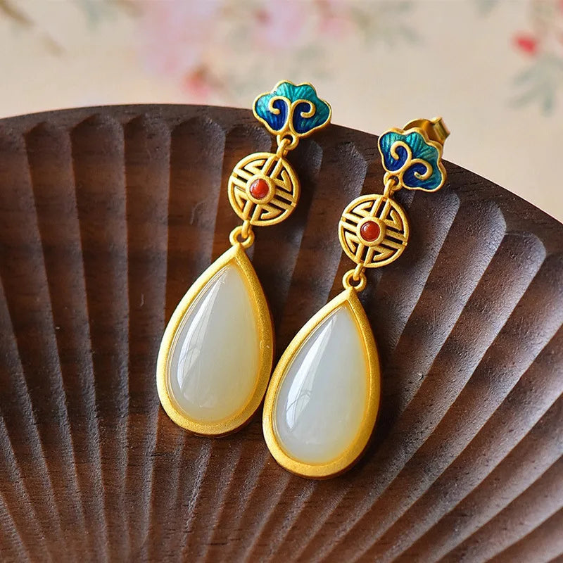 VENTFILLE Hetian Jade Ear Hook Earring Women's High-end Temperament Ethnic Style Retro Earrings Cloisonne Craft Dangler Gift