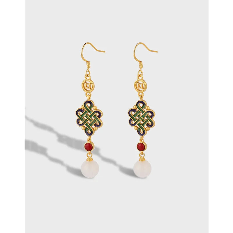 VENTFILLE Hetian Jade Ear Hook Earring Women's High-end Temperament Ethnic Style Retro Earrings Cloisonne Craft Dangler Gift