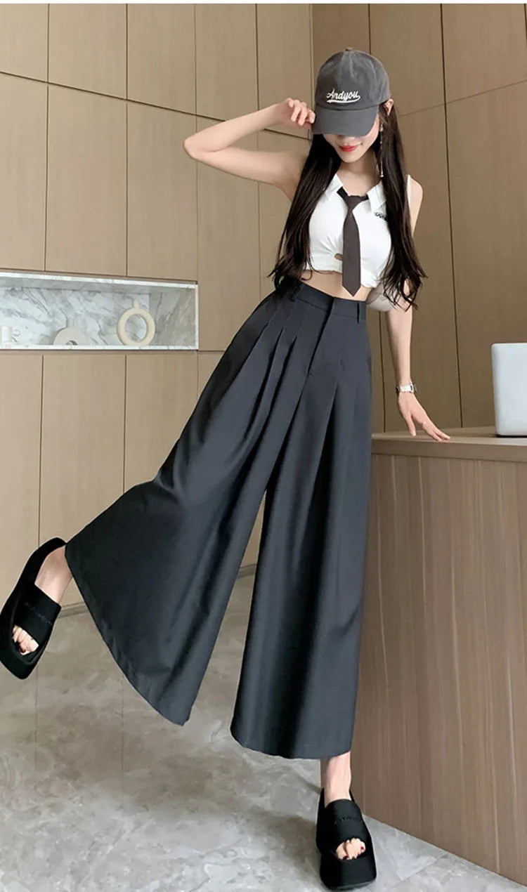 Oversize Wide Leg Pants For Women Gathered Waist Spliced Ruched Casual Solid Long Trousers Female Clothing Summer