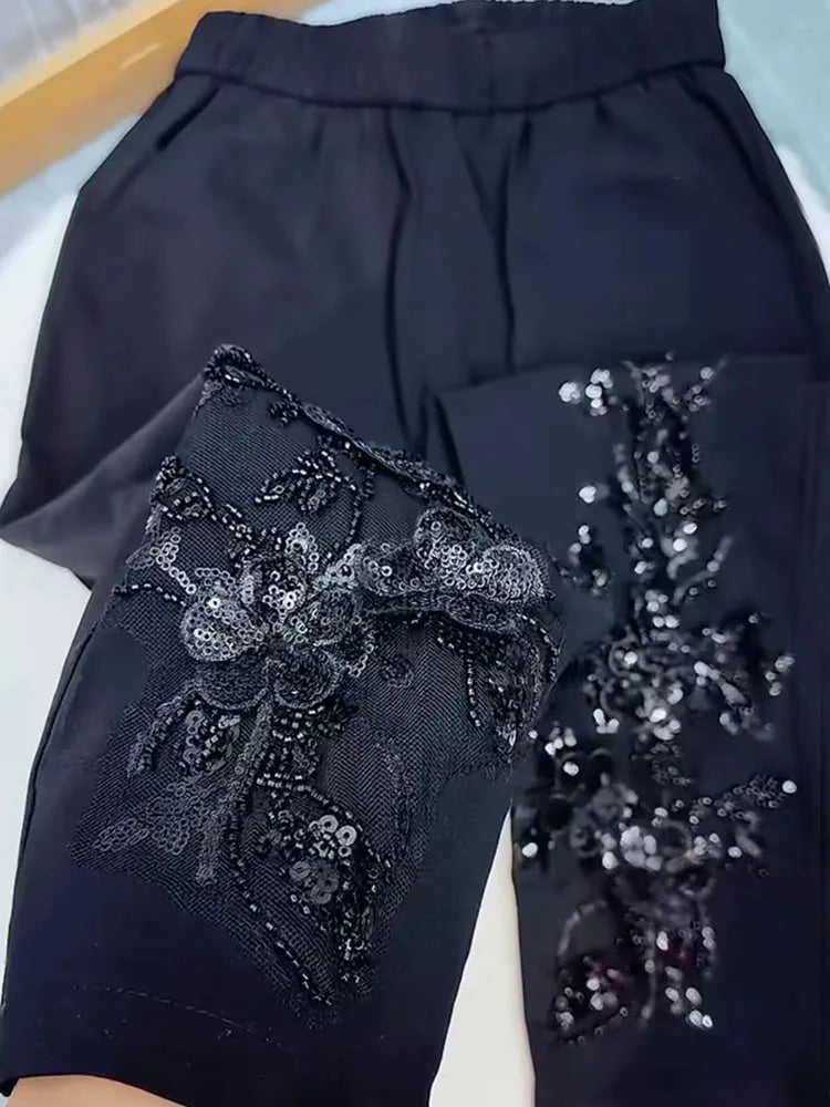 European Heavy Industry sequin bead design fashioneight point cigarette tube pants women's elastic high waist slim casual pants