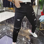 Luxury 2023 Men's High Street Korean Black Jeans with Zipper Distressed Hole Designer Youth Trend Slim-Fit Black Cotton Trousers