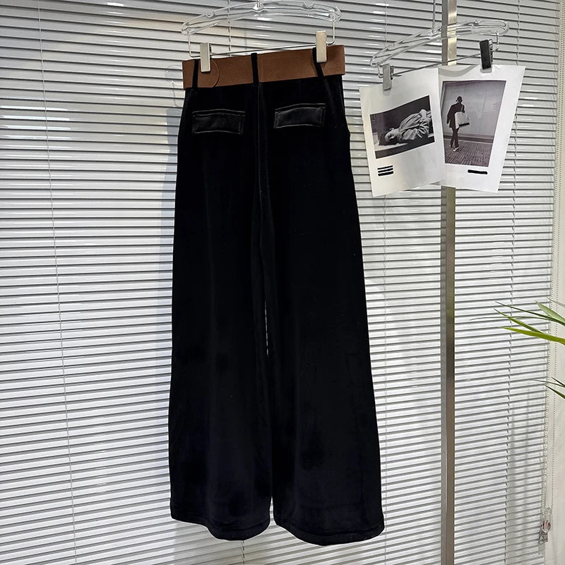 2025 winter new niche fashion solid color wide waistband drooping sensation and plush loose velvet wide leg pants