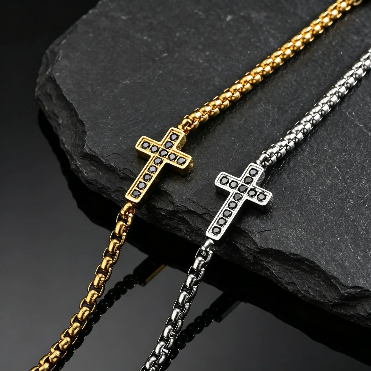 Stylish Men's Cross Bracelet,High Quality Stainless Steel Box Chain with Black CZ, Adjustable Hip Hop Faith Jewelry Gift