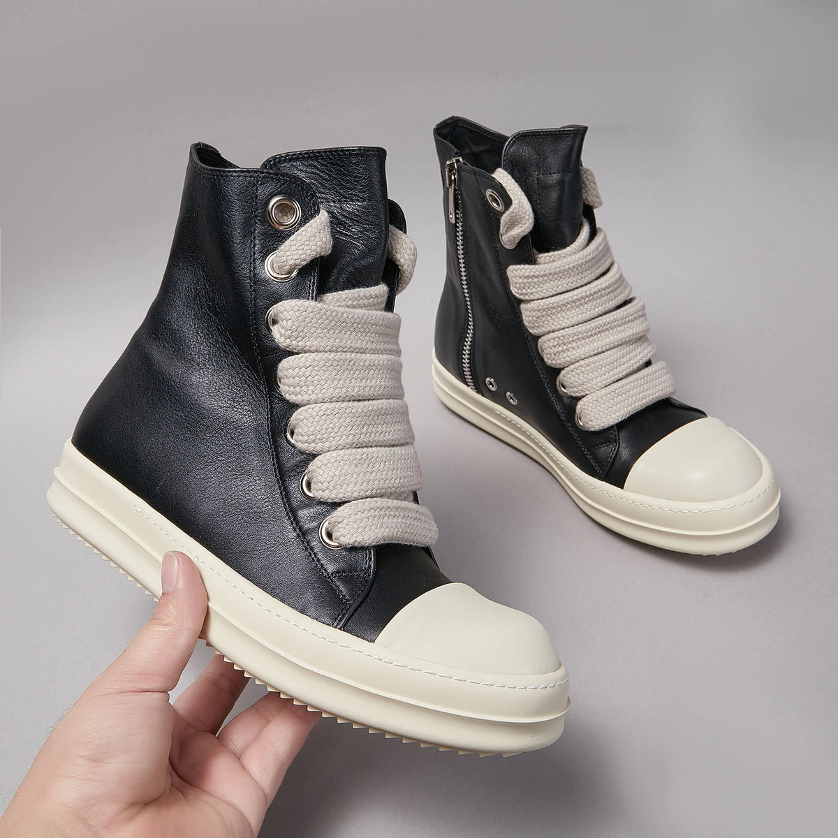 PENDRA Jumbo Black Black Leather High-Top Jumbo-Lace Zip Thick-Sole Ankle Boots