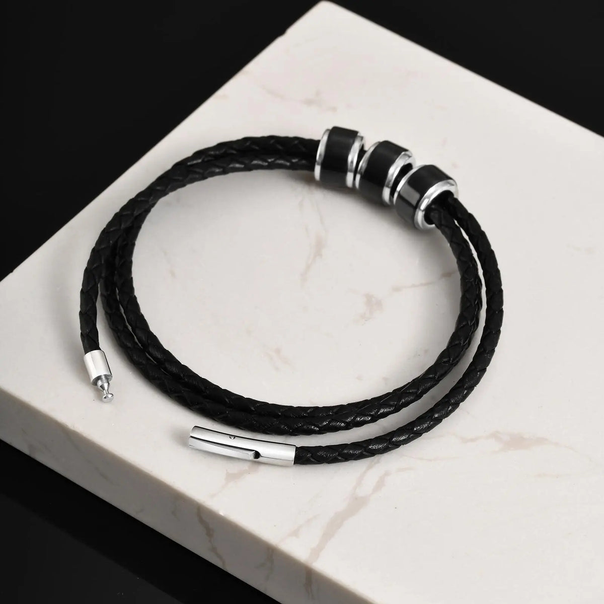 Customized Baeded Bracelets for Men Boys,3-Layers Leather Bracelet with Stainless Steel Tube,Jeweley Gift for Dad Husband