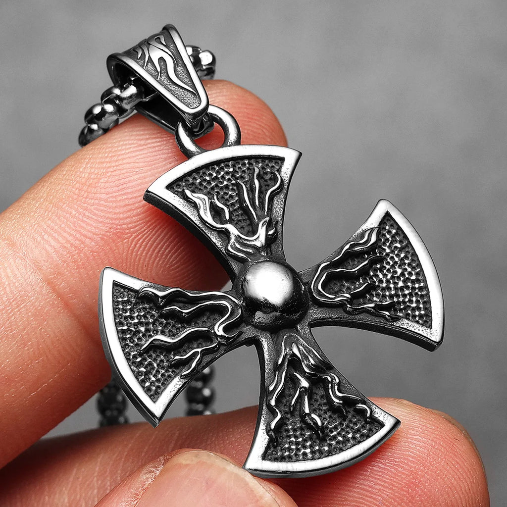 PENDRA Flame Skull Cross Steel Necklace
