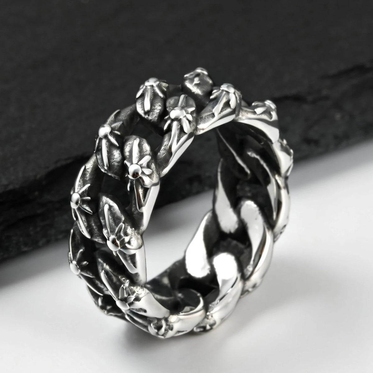 Vintage Punk Men's Ring,Antique Oxidized Stainless Steel Band Ring, Streetwear Casual Jewelry Gift
