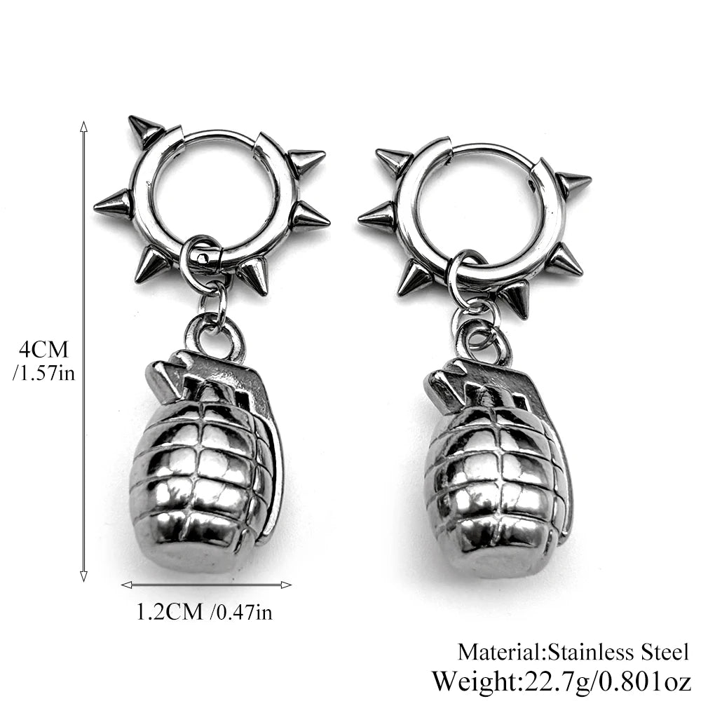 Funny Grenade Rivet Earrings For Men Women  Stainless Steel Silver Color Hiphop Rock Party Male Punk Hoop Ear Ring Jewelry Gift