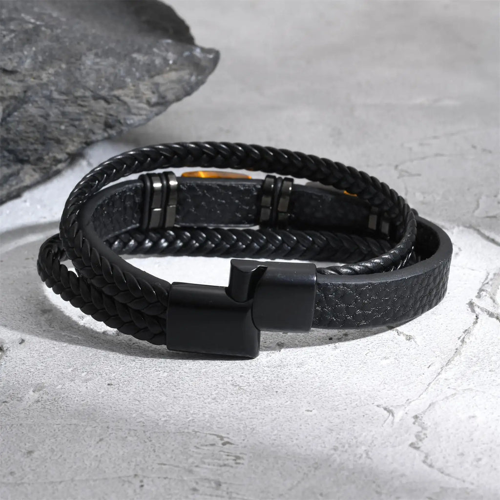 Chunky Leather Bracelet for Men Boys,Two Big Tiger Eye Natural Brown Stone Bracelets,Rock Punk Causal Jewelry Gifts