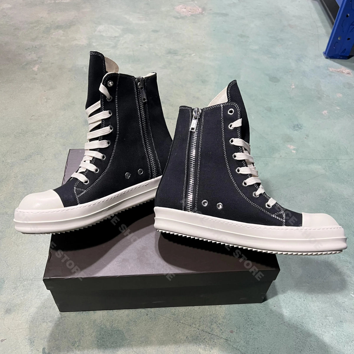 PENDRA Fringe Noir Black Canvas High-Top Zip Lace-Up Fringe Platform Ankle Boots