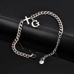 Men's Initials Cross Bracelets,Never Fade A-Z 26 Letters Stainless Steel Chain Links Cross Wristband,Stylish Simple Jewelry Gift