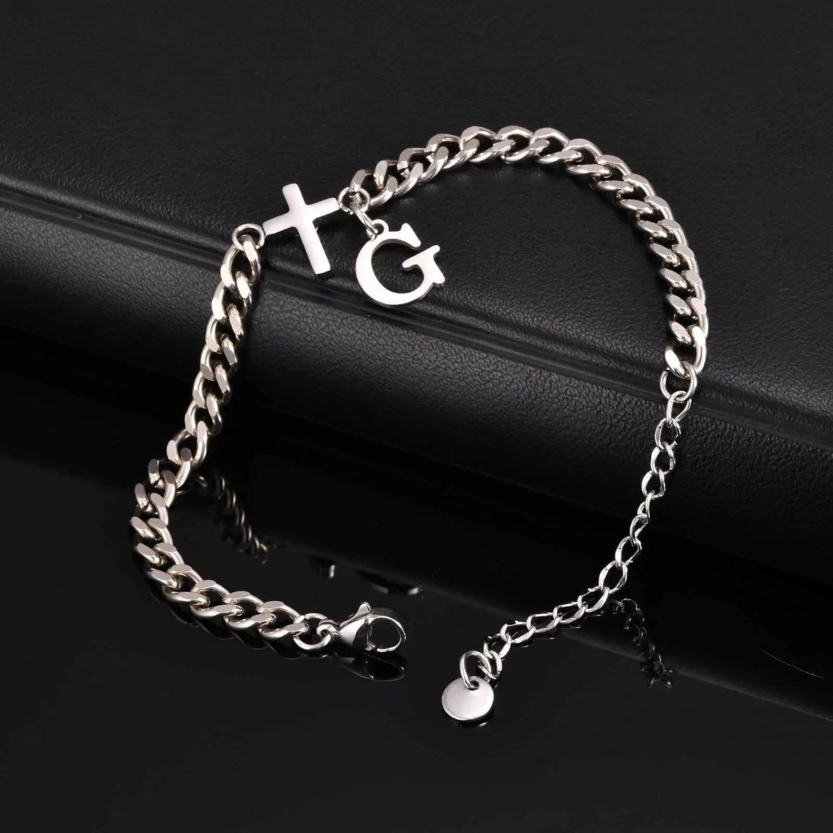 Men's Initials Cross Bracelets,Never Fade A-Z 26 Letters Stainless Steel Chain Links Cross Wristband,Stylish Simple Jewelry Gift