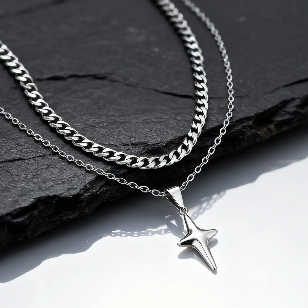Simple Trendy Star Necklace for Men Boys,Silver Color Stainless Steel 4-Point Star Pendant,Hip Hop Minimalist Jewelry Gift