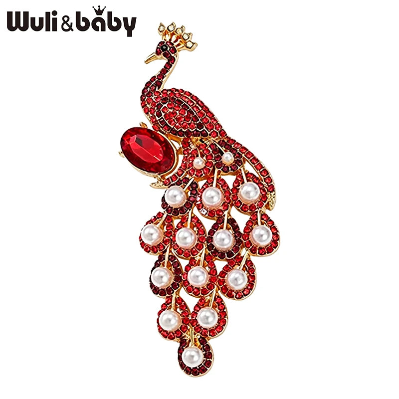 PENDRA Pearl Peacock Rhinestone Bird Brooch