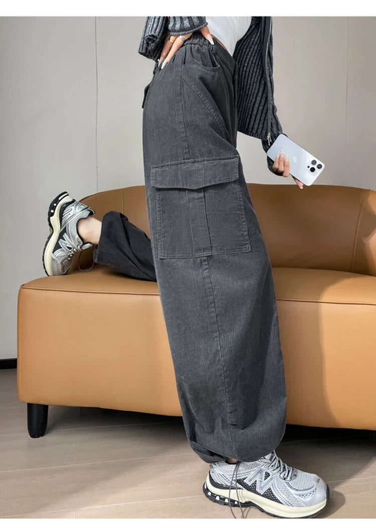 Corduroy cargo wide leg pants women in winter 2025 new high waisted loose fit slimming and ankle tied casual pants