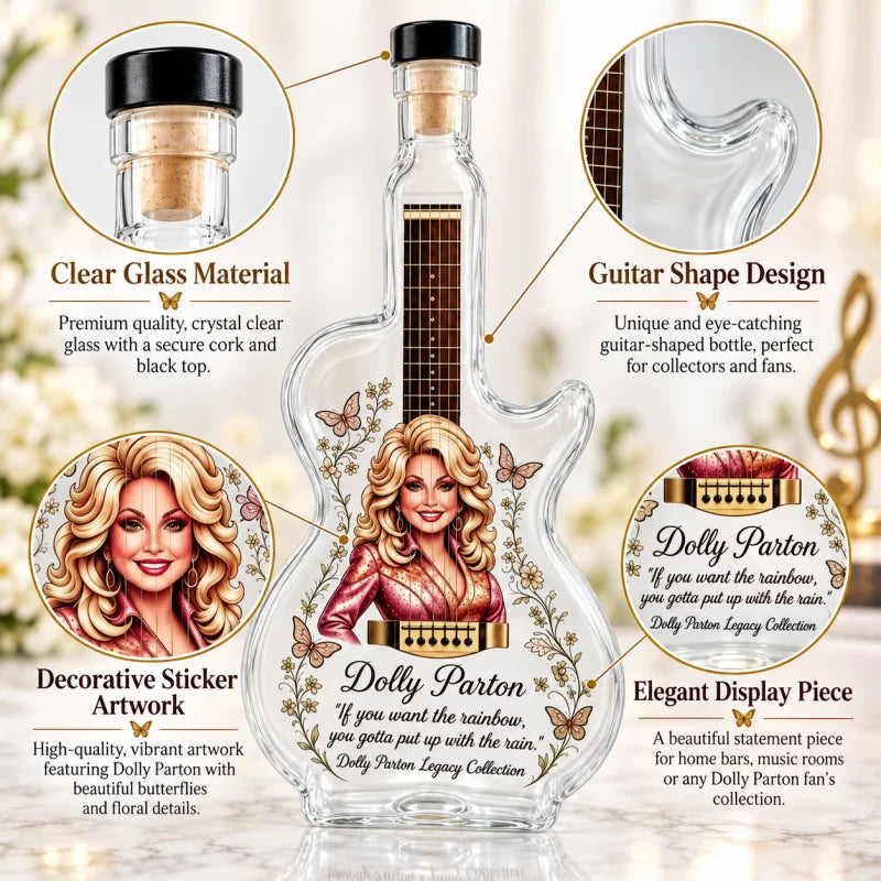 Dolly Parton Guitar Glass Liquor Decanter Whiskey Bottle Home Bar Decor Fan Collectible Gift