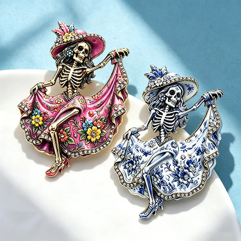 Wuli&baby Charming Dancing Skeleton Brooches For Women Unisex 2-color Vintage Wear Dress Sugar Skull Party Brooch Pins Gifts