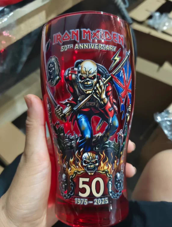 Iron Maiden 50th Anniversary Themed Pint Glass Heavy Metal Rock Band Inspired Beer Cup Collectible Drinkware for Bar Home Party