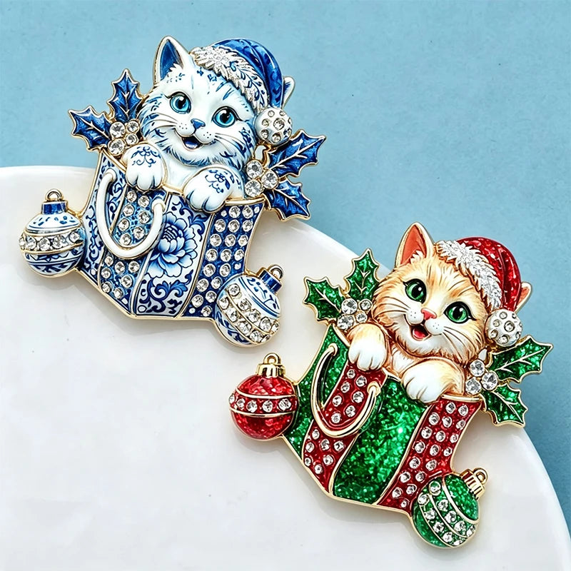 PENDRA Christmas Kitty Rhinestone Brooch