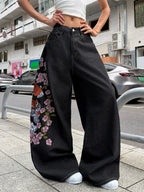 American Retro Tiger Flower Embroidered Black Loose Wide-Leg Jeans For Women, Street Hip-Hop Fashionable And Versatile Trousers