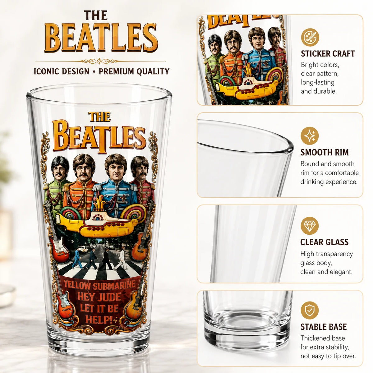 The Beatles Inspired Yellow Submarine Beer Cup Retro Music Band Glass Pint Tumbler Bar Party Drinkware Fan Gift