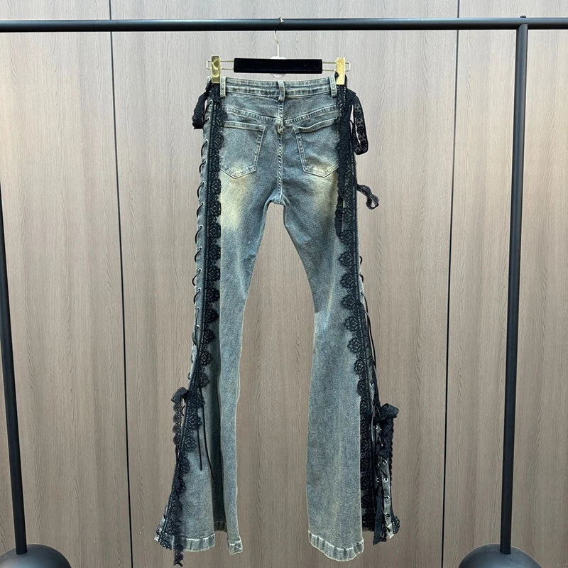 Lace Up Flare Jeans Retro Stitch Lace Whiskers Slim Low Rise Split Bootcut Pants Women Bell Bottoms Streetwear