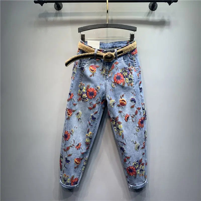 Spring Autumn European Ethnic Style Oversized Printed Jeans Retro Loose Ankle-Tied Harem Trousers Fashionable Denim Pants