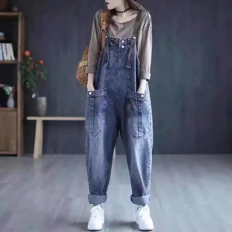 Minimalist jeans overalls women's spring new Korean version loose fit big pocket versatile trendy Harlan casual rompers