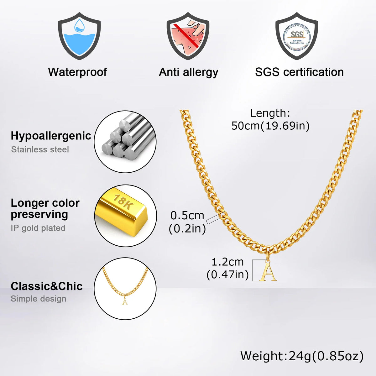 18K Gold Color Initial Necklace for Men Women,A-Z 26 Alphabet Letters Stainless Steel Chain Collars,Name Jewelry Gift
