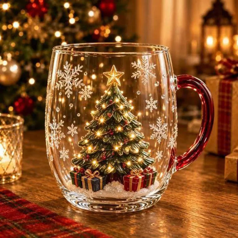 PENDRA Snowman Reindeer Double-Wall Red-Handle Glass Mug