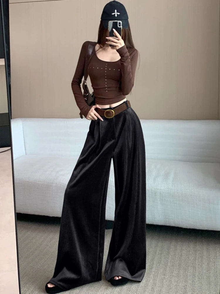 PENDRA Wide Leg Straight Velvet Pants