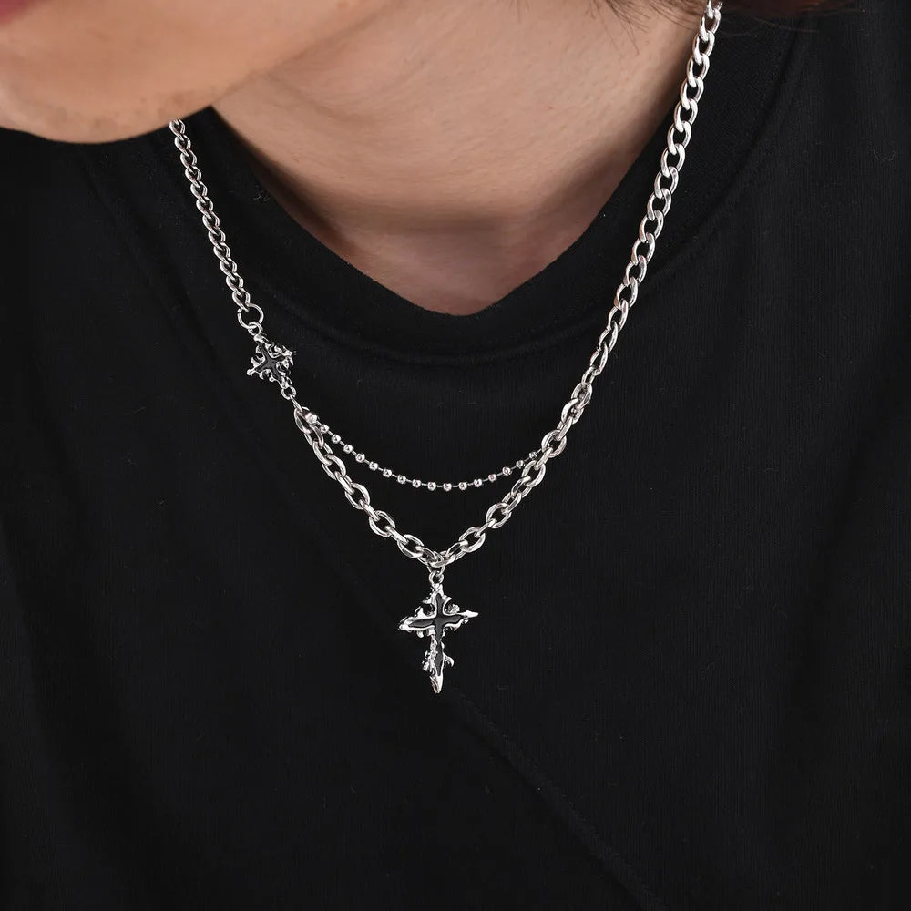 Hip Hop Cross Necklace for Men Boys,Fused Irregular 4-point Star Pendant with Splicing Collar,Cool Trendy Jewelry Gifts