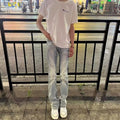 High Quality High Street Bamboo Elastic Light Blue Rear Double Pockets Slightly Pulled Jeans Men's Washed Thin Slim Pants