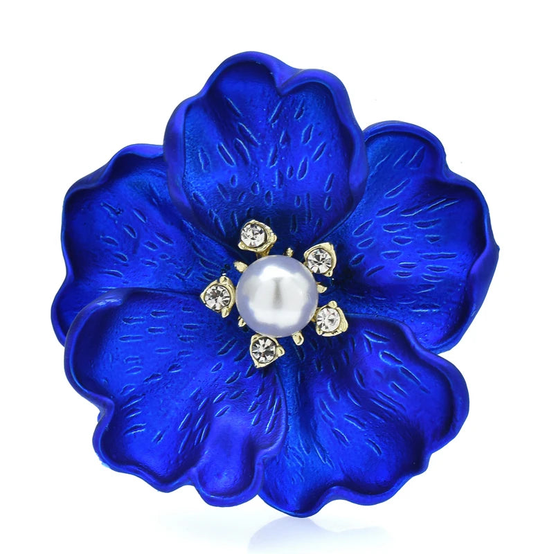 PENDRA DuoBloom Red-and-Blue Enamel Pearl Flower Brooch