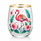 Flamingo Cocktail Glass Tropical Hibiscus Decal Stemless Beer Cup Gold Rim Bar Drinkware Party Gift