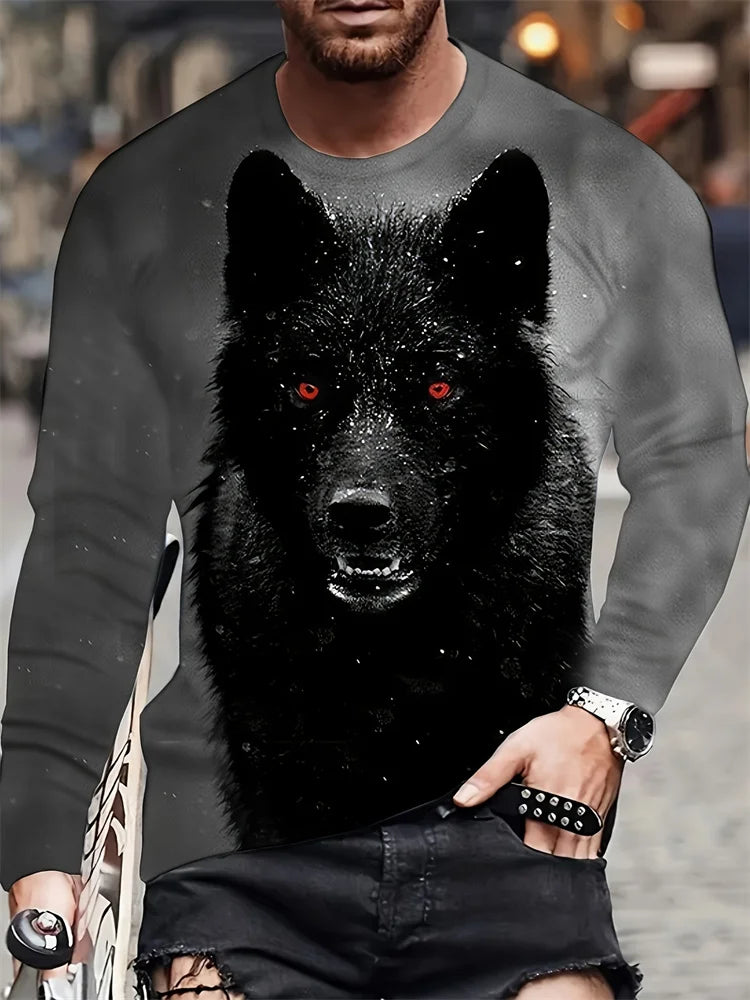 Spring And Autumn Men's Daily Casual Top Street Fashion Men's Long Sleeve T-shirt 3D Wolf Print Men's Long Sleeve T-shirt
