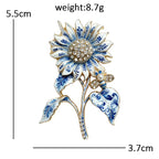 PENDRA Porcelia Blue-and-White Rhinestone Sunflower Brooch