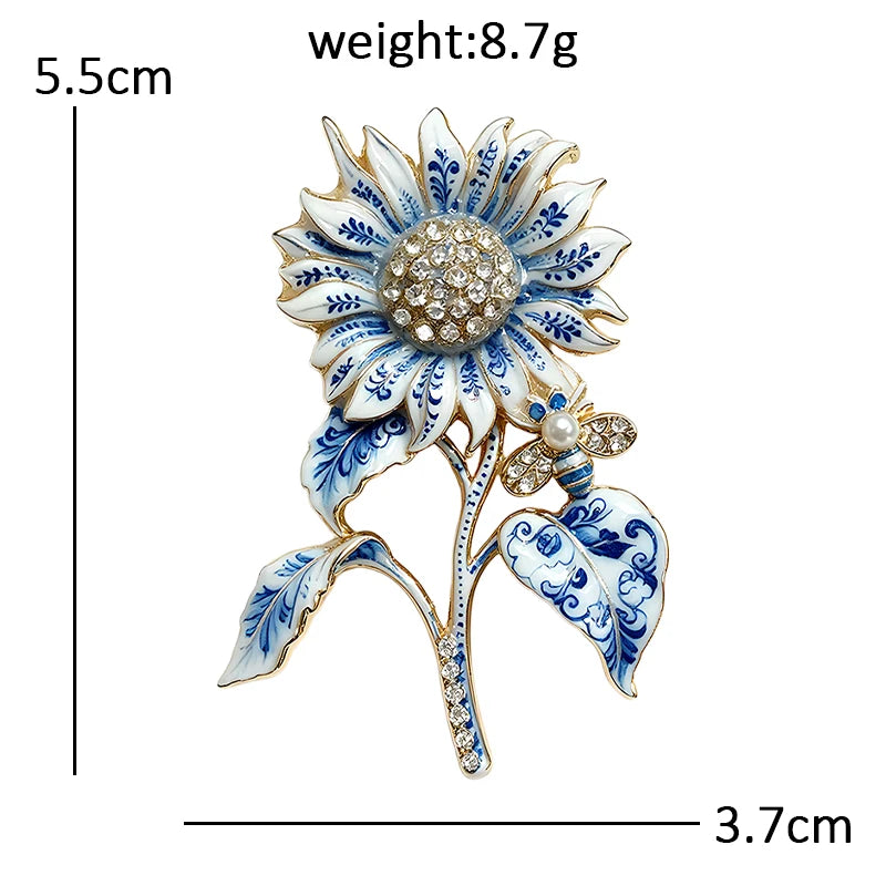 PENDRA Porcelia Blue-and-White Rhinestone Sunflower Brooch