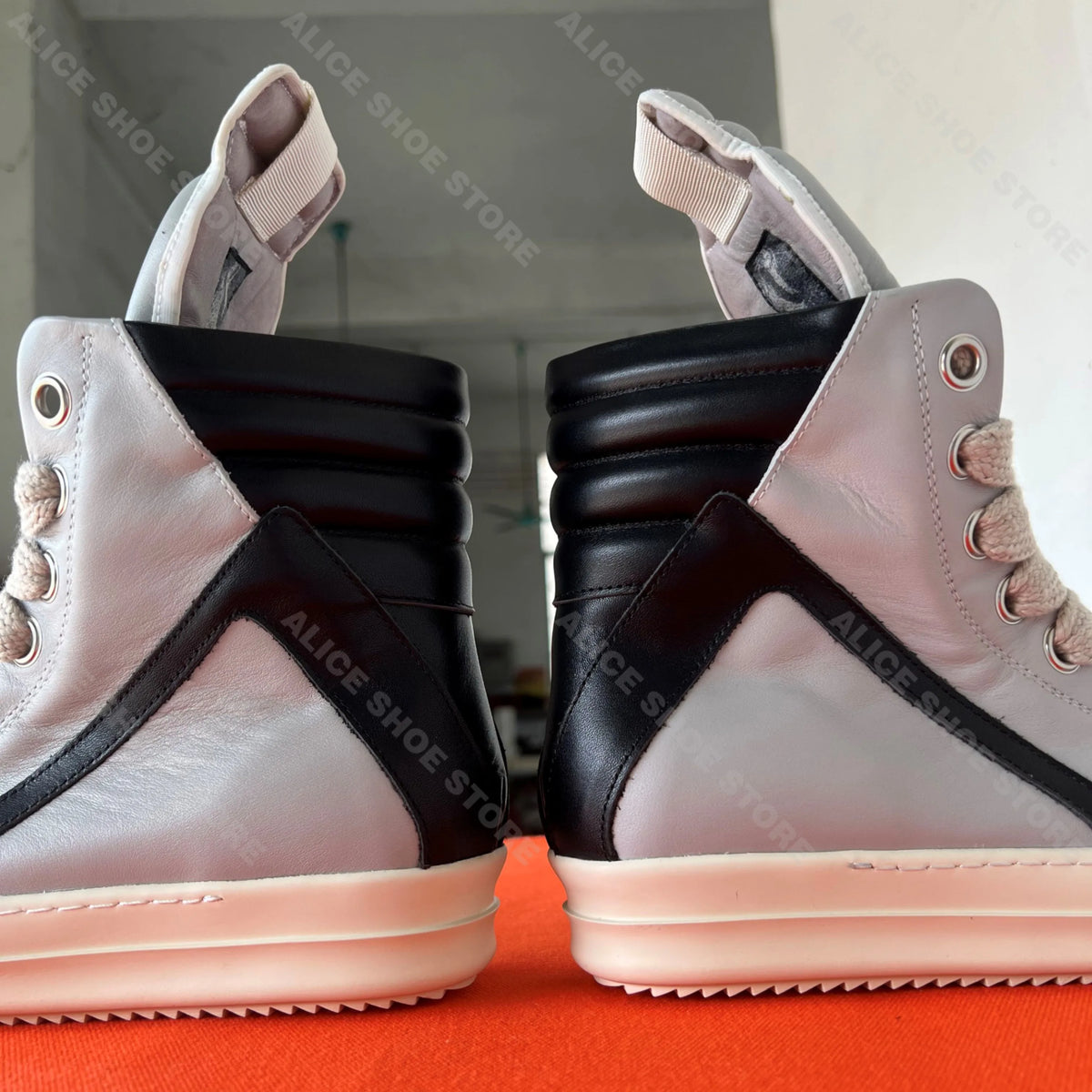 PENDRA Shadowline Grey Black Leather High-Top Zip Thick-Sole Ankle Boots