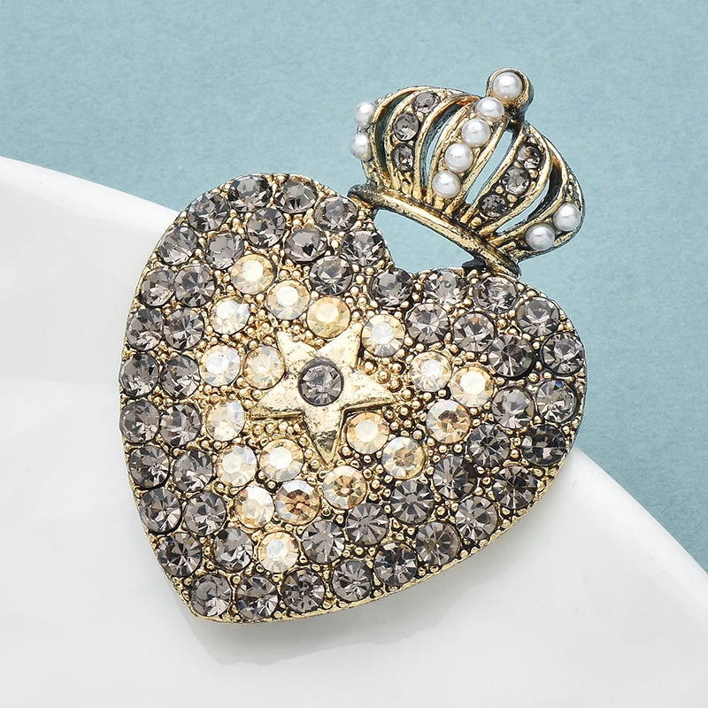 Wuli&baby Vintage Crown Heart Brooches Rhinestone Love Brooch For Women's Clothes Backpack Pins Gifts