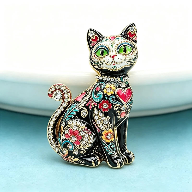 PENDRA Painted Enamel Rhinestone Cat Brooch
