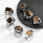 Punk Tiger Eye Stone Signet Ring for Men,Vintage Stainless Steel Natural Stone Round Sqare Ring,Stylish Causal Male Jewelry